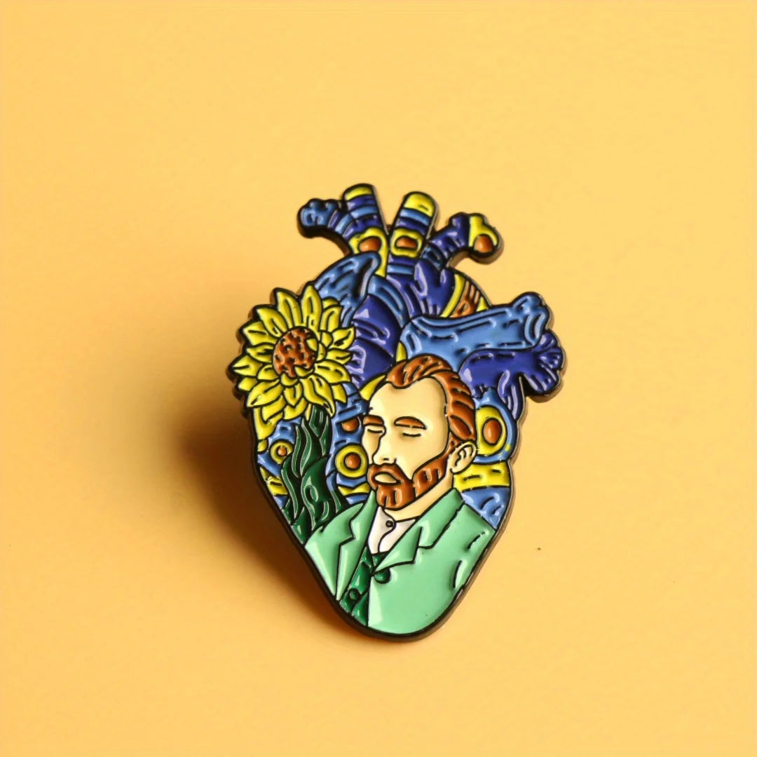 Artistic Anatomical Heart Enamel Brooch Pin - Alloy Fashion Van Gogh Accessory for Backpacks and Clothing Kawaii Side