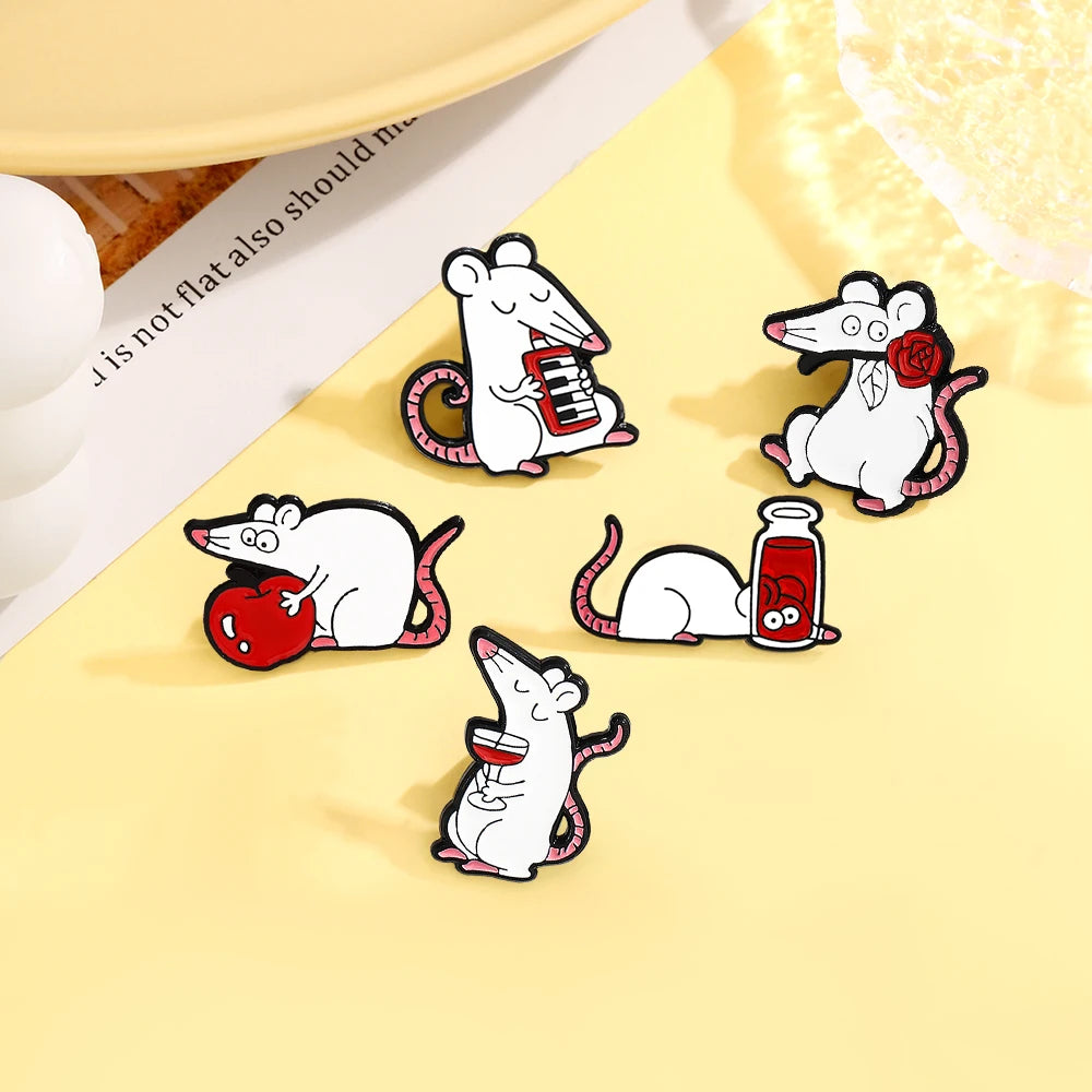 White Rats Enamel Pins Custom Mouse Red Rose Apple Red Wine Animal Brooches Badge Lapel Jewelry Gift Friends Wholesale Kawaii Side