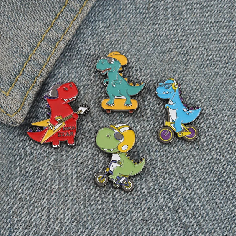 Cartoon Dinosaur Playing Skateboard Bike Guitar Shape Enamel Pins Cute Animal Brooches Women Men Clothes Lapel Pin Badges Jewelr Kawaii Side