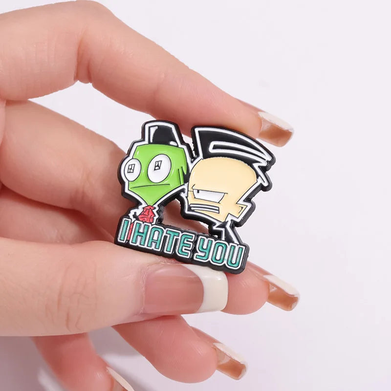 Cartoon Green Alien and Boy Enamel Pin Funny Monster Lapel Accessory Clothes Badge for Friend Jewelry Gifts Kawaii Side