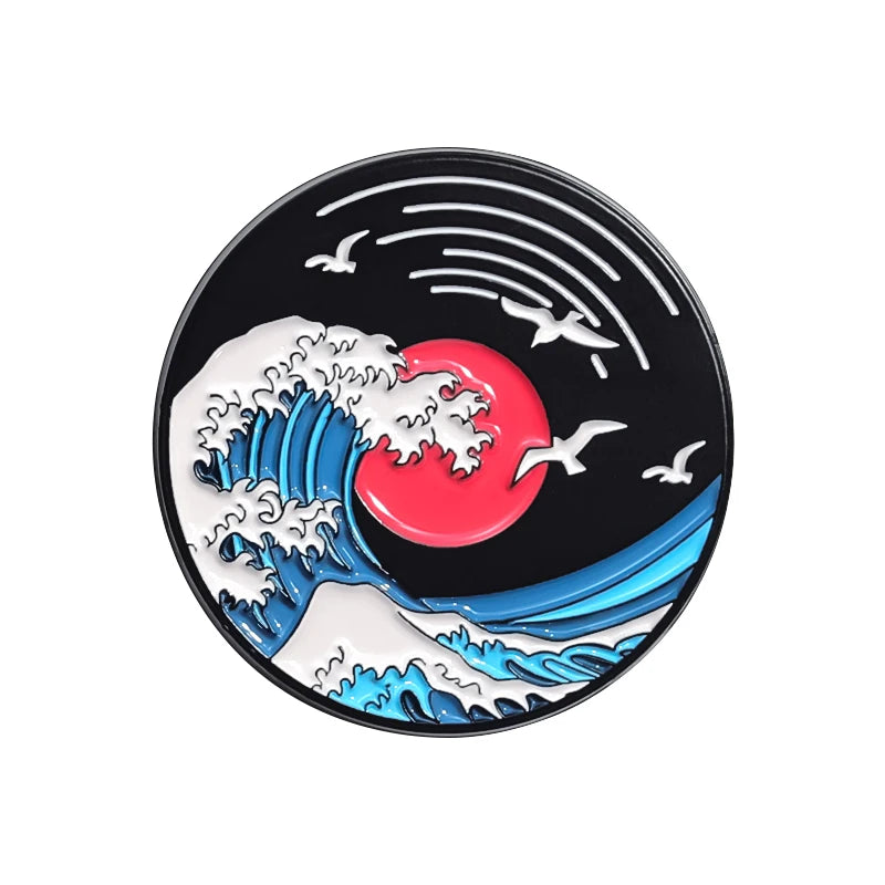 The Great Wave Of Kanagawa Creative Enamel Pins Japanese Art Painting Sunrise Sunset Brooches Lapel Badge Gift for Kids Friends Kawaii Side