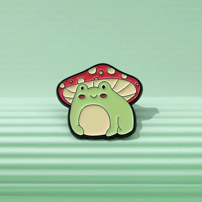 Cute Frogs Enamel Pins Custom Frog Pick Mushrooms Guitar Brooches Lapel Badges Animal Plant Jewelry Gift for Kid Friends Kawaii Side