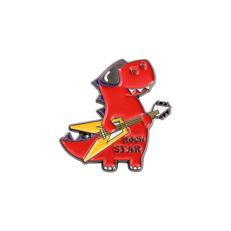 Cartoon Dinosaur Playing Skateboard Bike Guitar Shape Enamel Pins Cute Animal Brooches Women Men Clothes Lapel Pin Badges Jewelr Kawaii Side