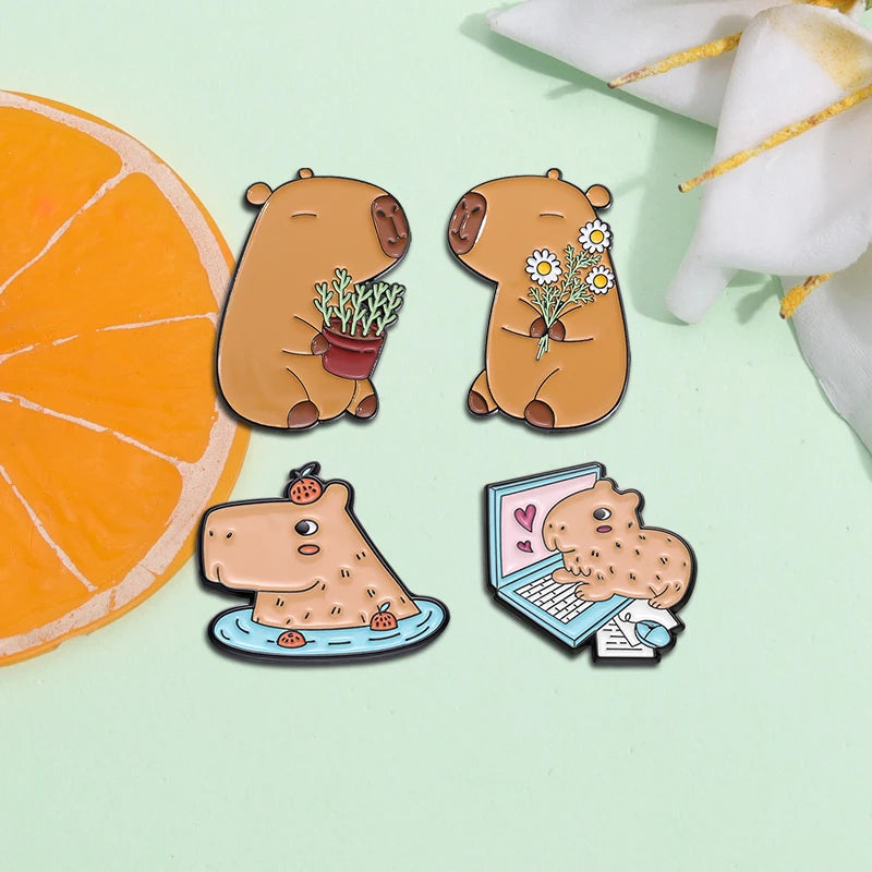 Cartoon Cute Capybara Brooch Enamel Pins Custom Funny Hippopotamus Metal Lapel Badge Clothes Backpack Accessories Jewelry Gift Kawaii Side