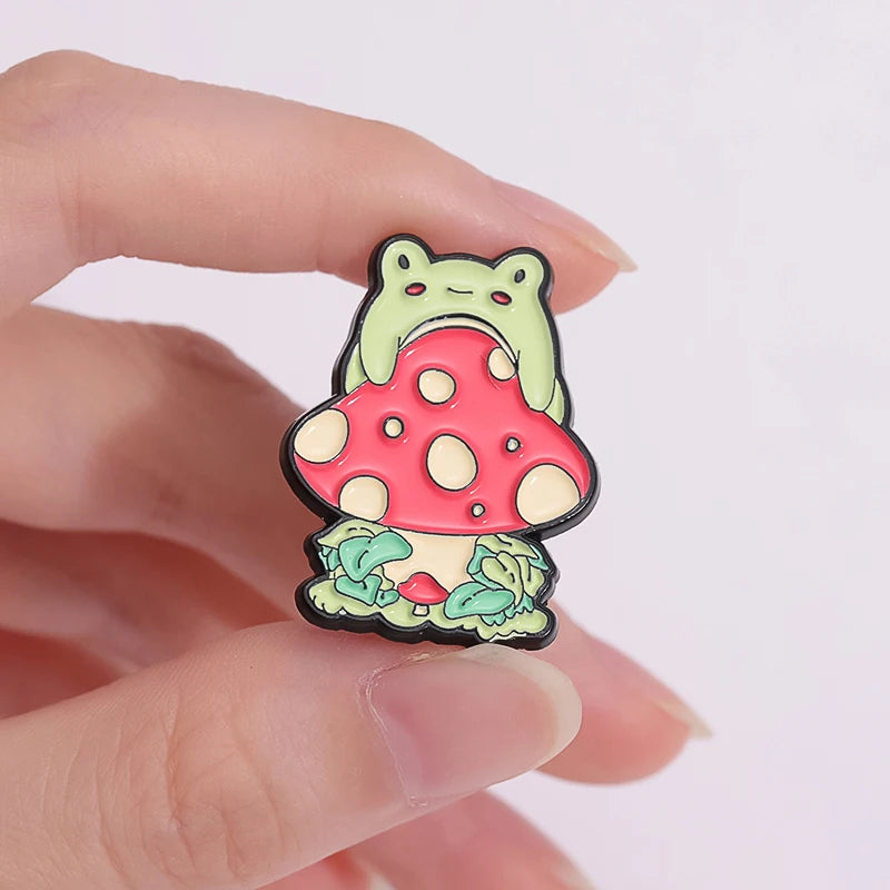 Cute Frogs Enamel Pins Custom Frog Pick Mushrooms Guitar Brooches Lapel Badges Animal Plant Jewelry Gift for Kid Friends Kawaii Side