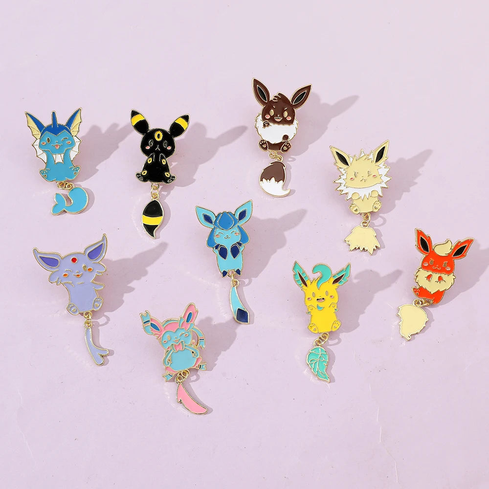 9 Pcs Cartoon Elf Chain Brooch Creative Cute Eevee Enamel Pin Metal Badge Jewelry Clothes Backpack Accessories Gift for Friends Kawaii Side