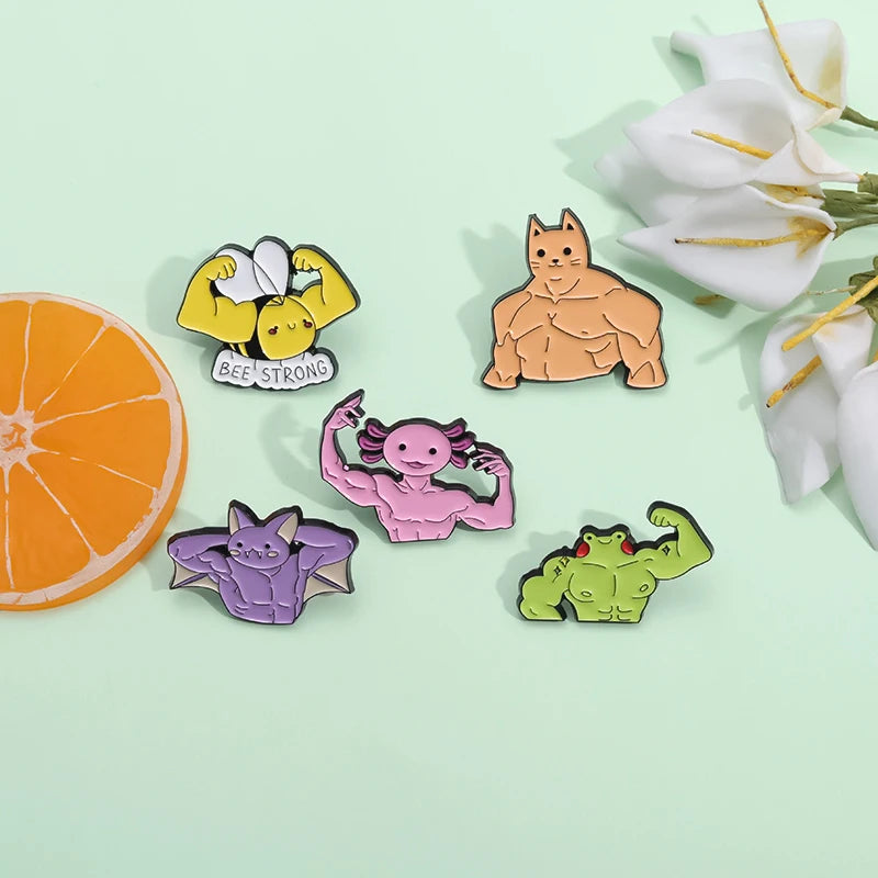 Fitness Muscle Exercise Brooch Enamel Pin Custom Frog Salamander Bat Bee Strong Badges Lapel Pins For Hats Clothes Jewelry Gifts Kawaii Side