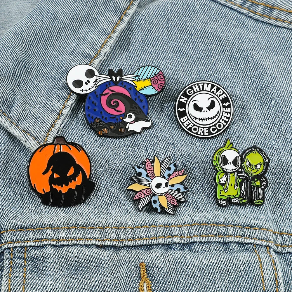 Nightmare Before Christmas Enamel Pin Cartoon Jack Sally Character Halloween Brooch for School Bags Apparel Accessories Jewelry Kawaii Side