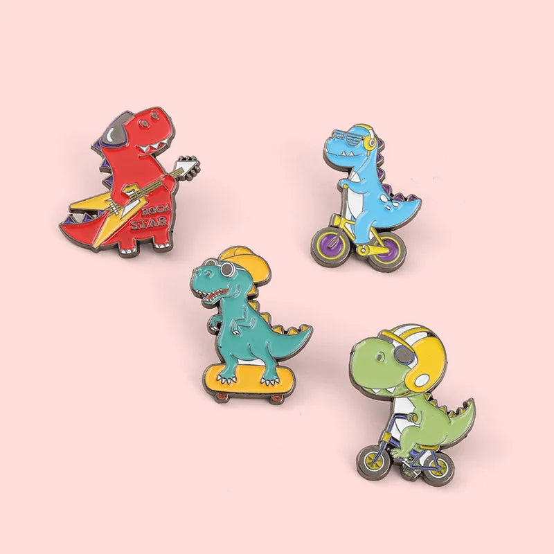 Cartoon Dinosaur Playing Skateboard Bike Guitar Shape Enamel Pins Cute Animal Brooches Women Men Clothes Lapel Pin Badges Jewelr Kawaii Side