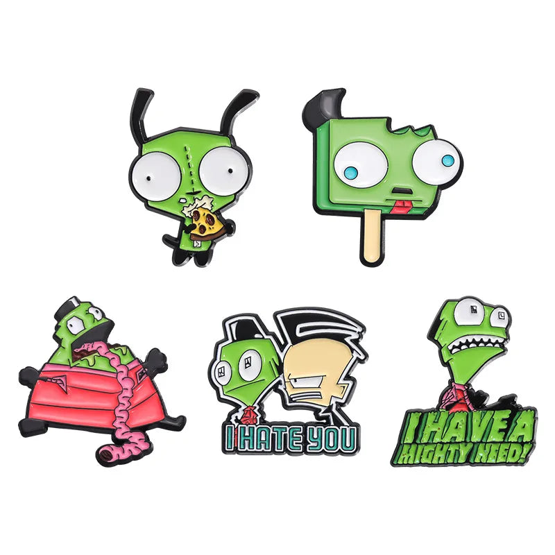 Cartoon Green Alien and Boy Enamel Pin Funny Monster Lapel Accessory Clothes Badge for Friend Jewelry Gifts Kawaii Side