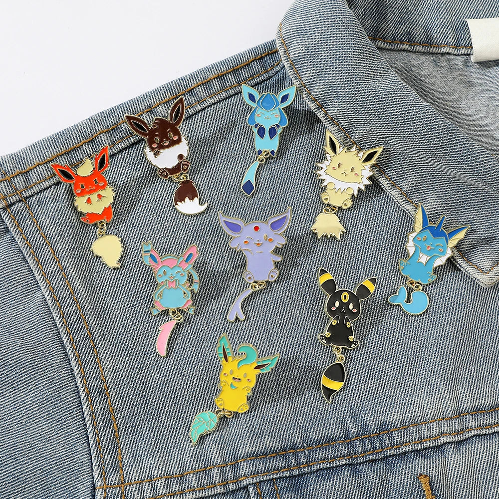 9 Pcs Cartoon Elf Chain Brooch Creative Cute Eevee Enamel Pin Metal Badge Jewelry Clothes Backpack Accessories Gift for Friends Kawaii Side