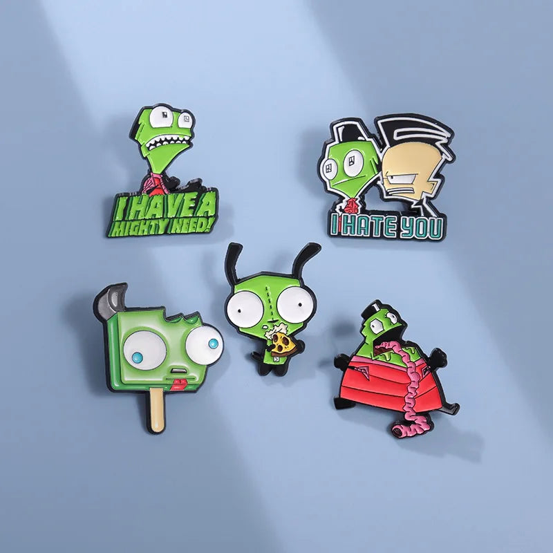 Cartoon Green Alien and Boy Enamel Pin Funny Monster Lapel Accessory Clothes Badge for Friend Jewelry Gifts Kawaii Side