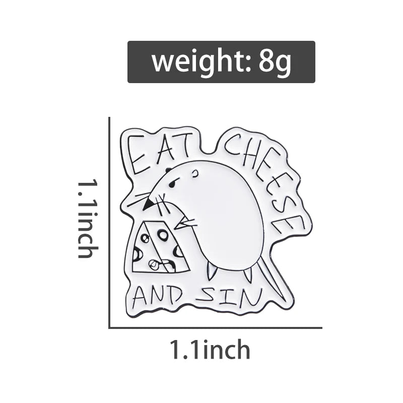 Eat Cheese And Sin Enamel Pins Custom Rat Eats Cheese Brooches Lapel Badges Cartoon Animal Jewelry Gift for Kids Friends Kawaii Side