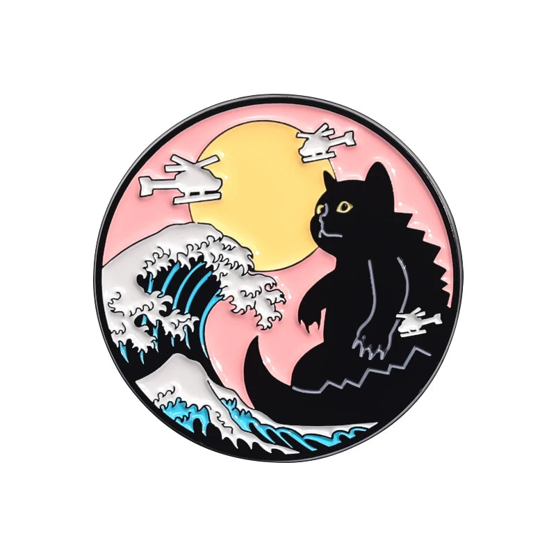 The Great Wave Of Kanagawa Creative Enamel Pins Japanese Art Painting Sunrise Sunset Brooches Lapel Badge Gift for Kids Friends Kawaii Side