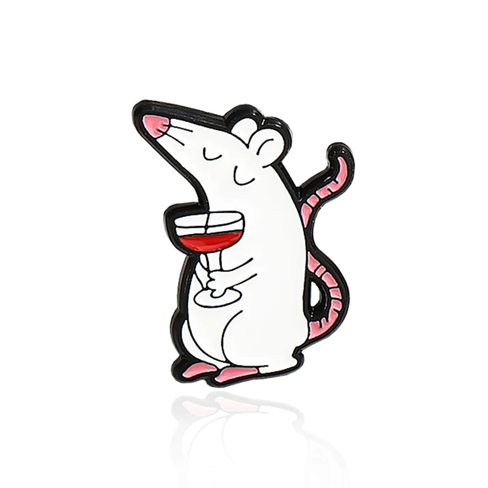 White Rats Enamel Pins Custom Mouse Red Rose Apple Red Wine Animal Brooches Badge Lapel Jewelry Gift Friends Wholesale Kawaii Side