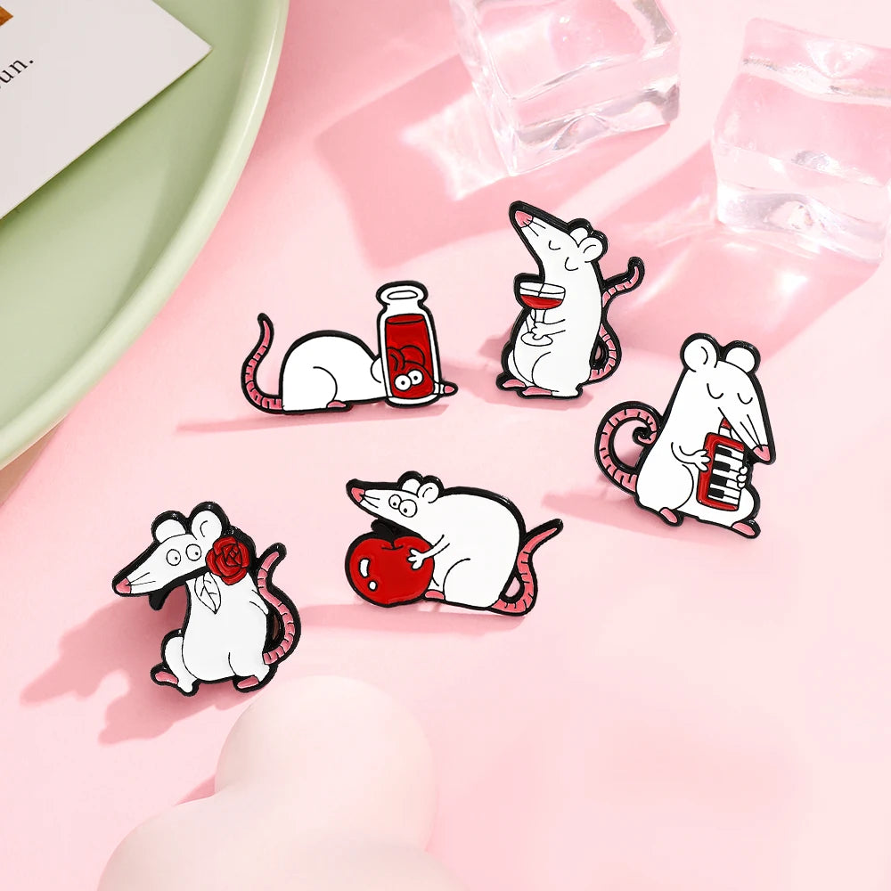 White Rats Enamel Pins Custom Mouse Red Rose Apple Red Wine Animal Brooches Badge Lapel Jewelry Gift Friends Wholesale Kawaii Side