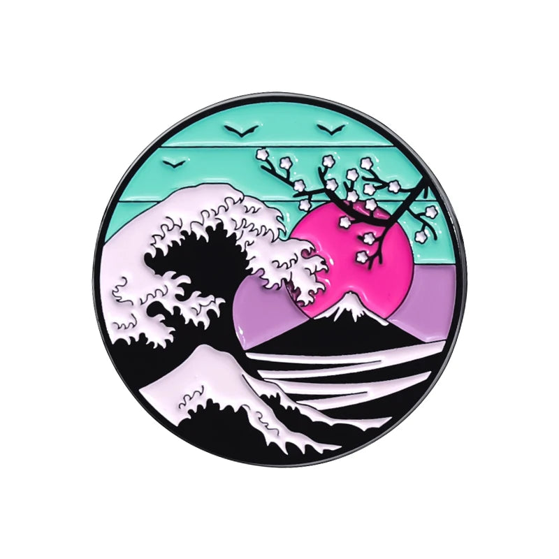 The Great Wave Of Kanagawa Creative Enamel Pins Japanese Art Painting Sunrise Sunset Brooches Lapel Badge Gift for Kids Friends Kawaii Side