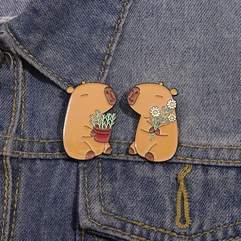 Wholesale Cute Capybara Enamel Pins Cartoon Animal Hard Metal Brooches Shirt Backpack Lapel Badge Jewelry Gift for Kids Friends Kawaii Side