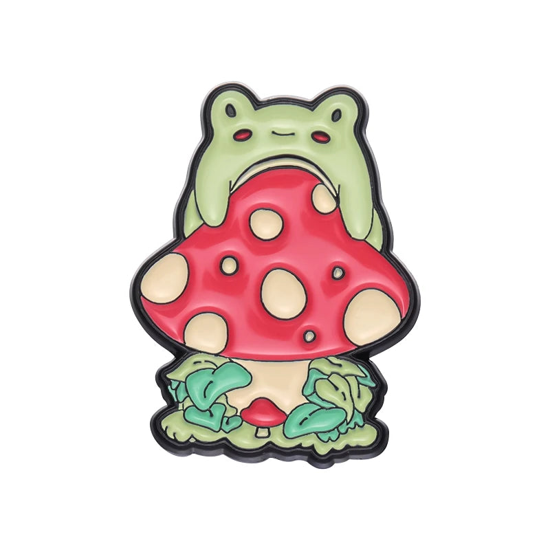 Cute Frogs Enamel Pins Custom Frog Pick Mushrooms Guitar Brooches Lapel Badges Animal Plant Jewelry Gift for Kid Friends Kawaii Side