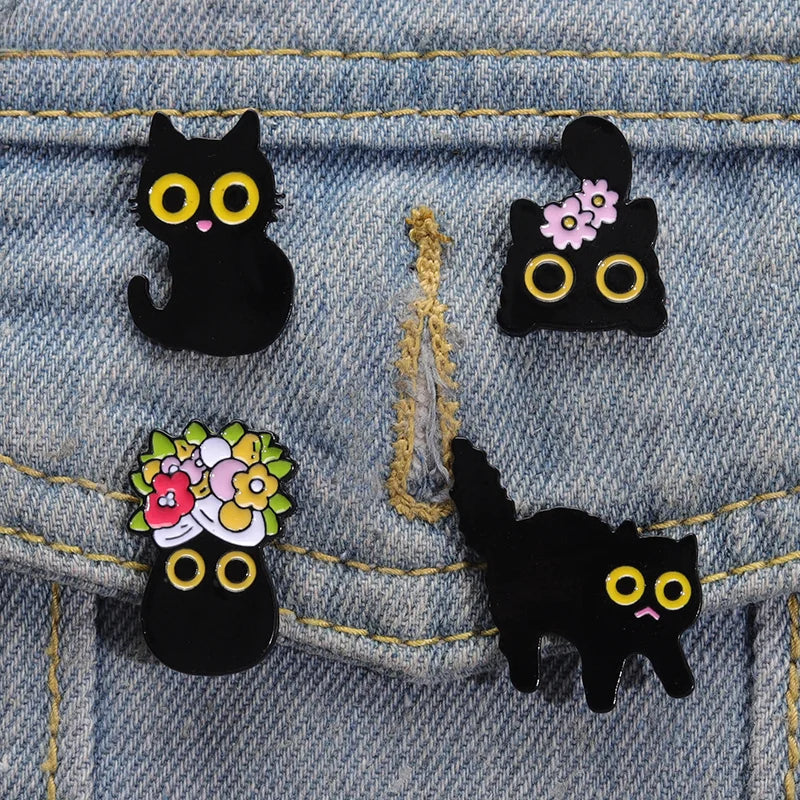 Black Cats Enamel Pins Kawaii Side