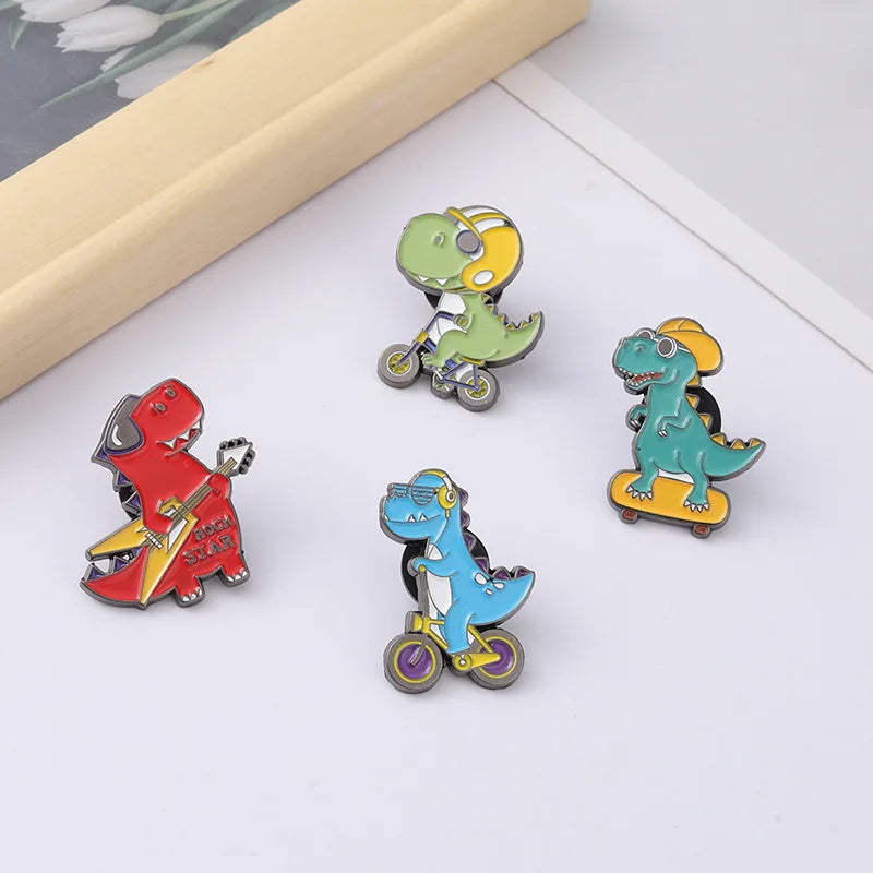 Cartoon Dinosaur Playing Skateboard Bike Guitar Shape Enamel Pins Cute Animal Brooches Women Men Clothes Lapel Pin Badges Jewelr Kawaii Side