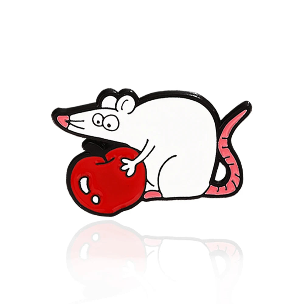 White Rats Enamel Pins Custom Mouse Red Rose Apple Red Wine Animal Brooches Badge Lapel Jewelry Gift Friends Wholesale Kawaii Side