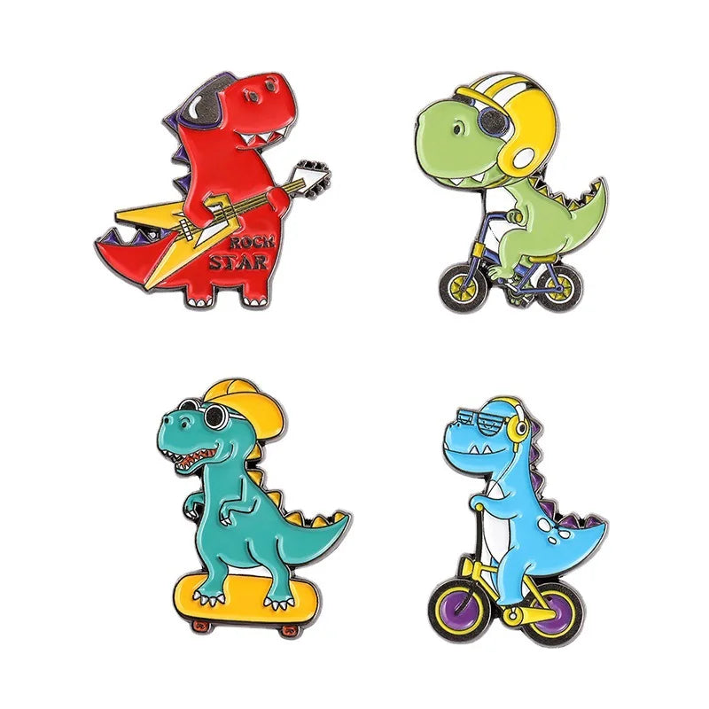 Cartoon Dinosaur Playing Skateboard Bike Guitar Shape Enamel Pins Cute Animal Brooches Women Men Clothes Lapel Pin Badges Jewelr Kawaii Side