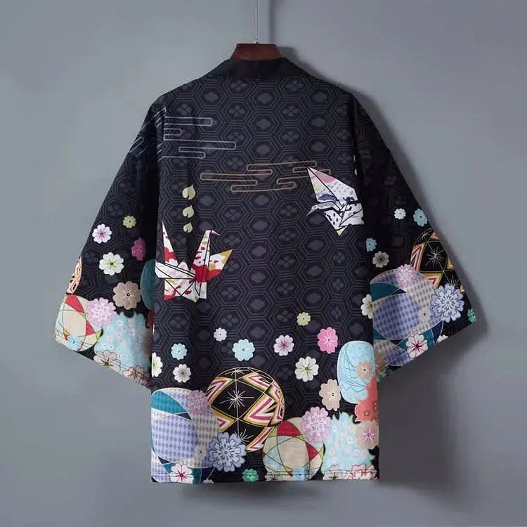 Vintage Paper Crane Blossom Print Cardigan Kimono Outerwear - Kawaii Side