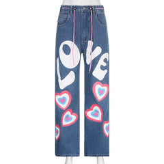 Jeans larghi con cuore per ragazza indie Y2K