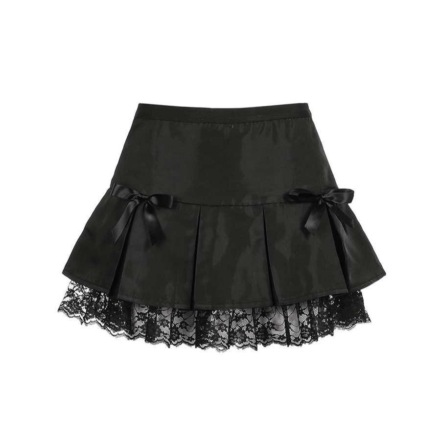 Goth Girl Mini Black Pleated Skirt Lace Trim Kawaii Side