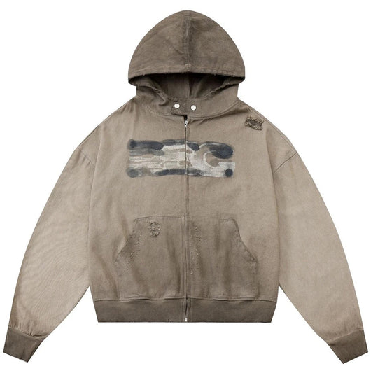 Washed Distressed Zip-Up Hoodie