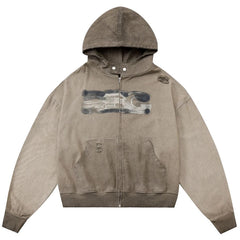 Washed Distressed Zip-Up Hoodie