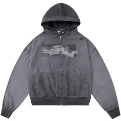 Washed Distressed Zip-Up Hoodie