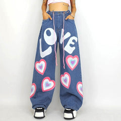 Jeans larghi con cuore per ragazza indie Y2K