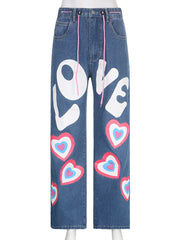 Jeans larghi con cuore per ragazza indie Y2K