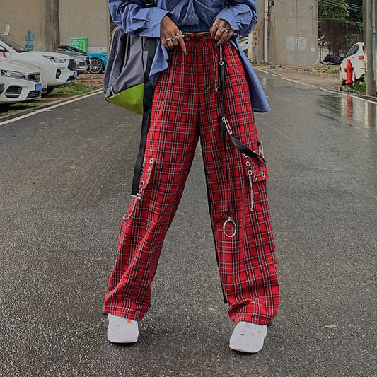 Red Plaid Chained Cargo Pants