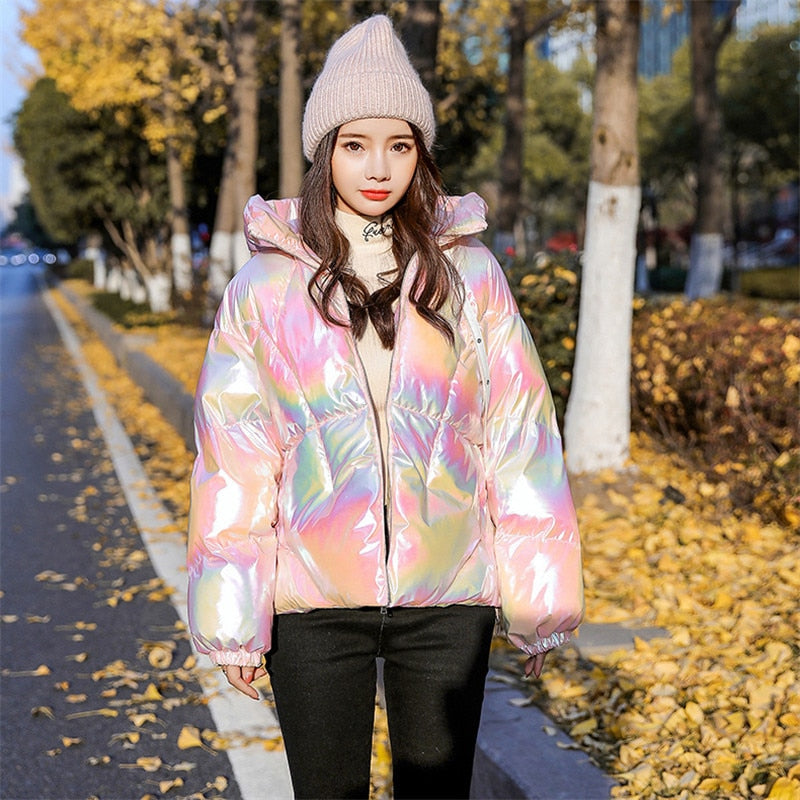 Holographic Glossy Short Puffer Jacket