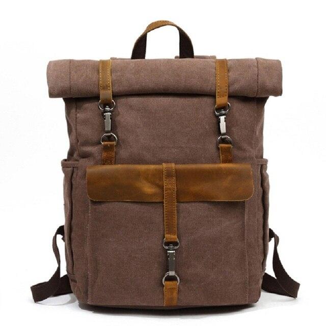 Canvas and Leather Roll-Top Vintage Backpack