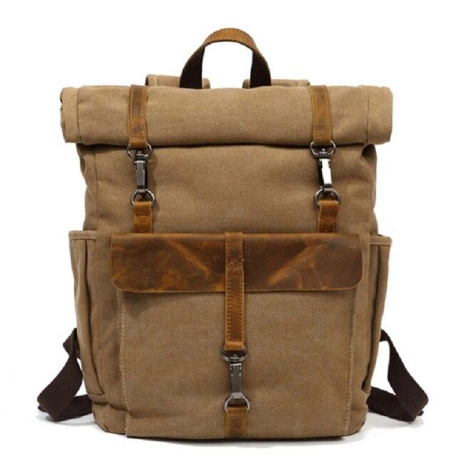 Canvas and Leather Roll-Top Vintage Backpack