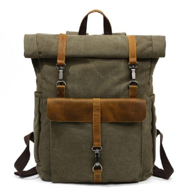 Canvas and Leather Roll-Top Vintage Backpack