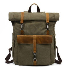 Canvas and Leather Roll-Top Vintage Backpack