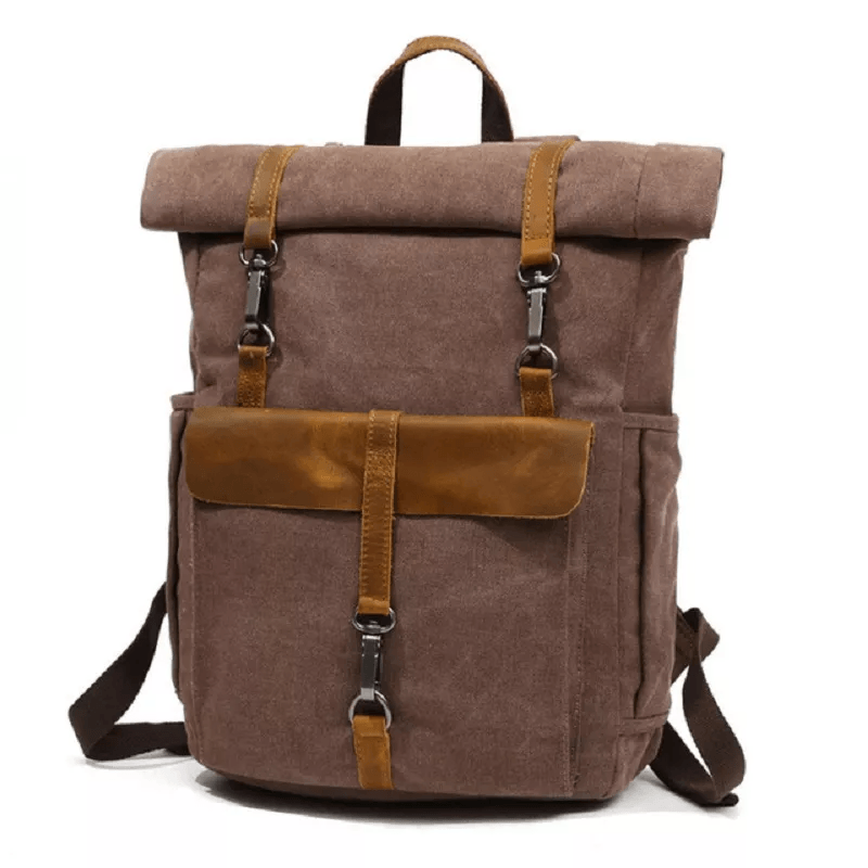 Canvas and Leather Roll-Top Vintage Backpack