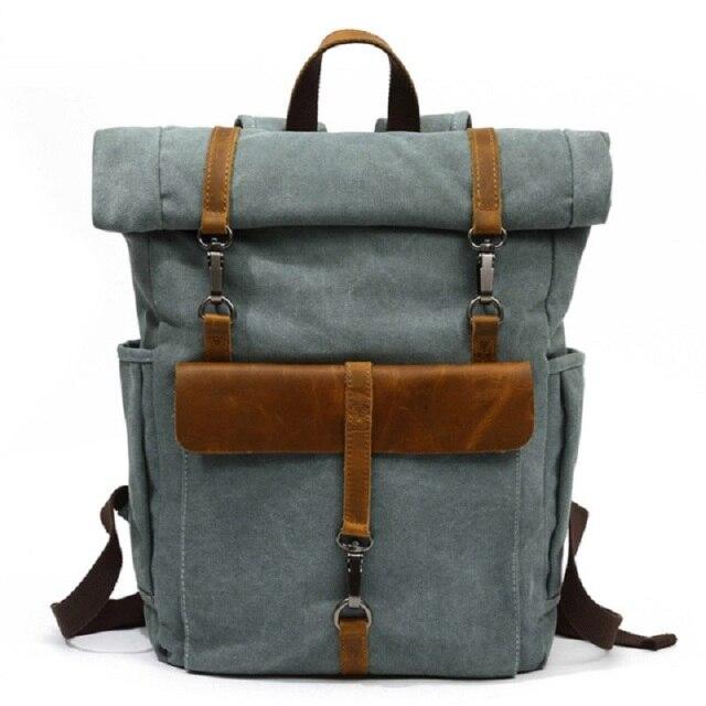 Canvas and Leather Roll-Top Vintage Backpack