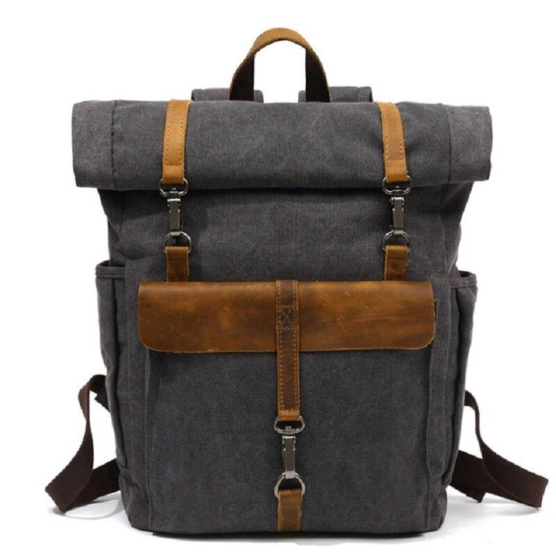 Canvas and Leather Roll-Top Vintage Backpack