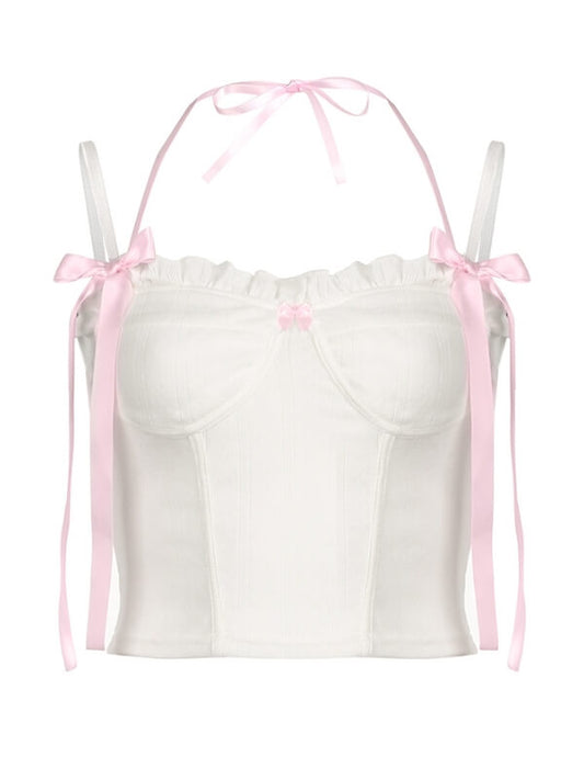 Girly pink ribbon ruffled cami