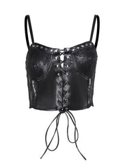 Punk floral lace leather cami