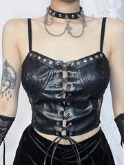 Punk floral lace leather cami