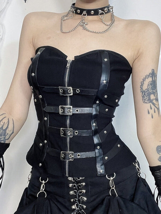 Punk girl leather buckle bustier corset