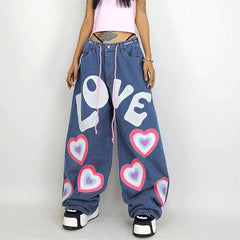 Jeans larghi con cuore per ragazza indie Y2K