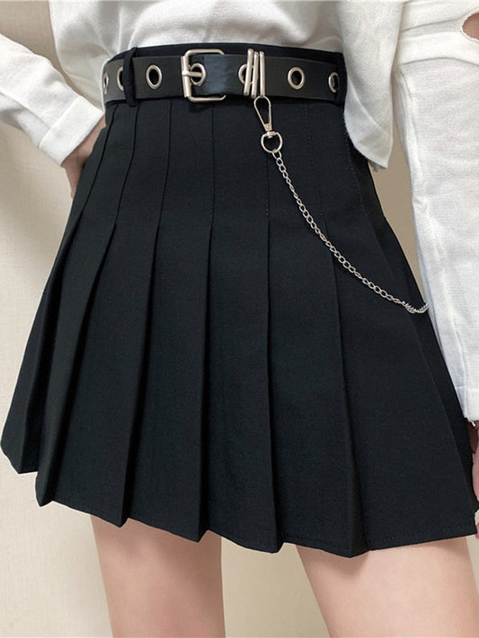 Simple Pleated Skirt with Belt Black